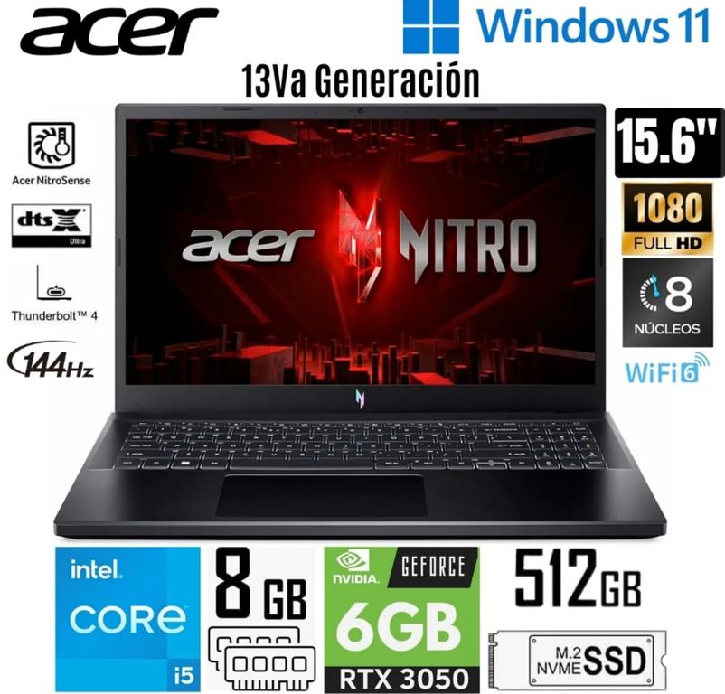 Laptop NITRO V15 ANV15-51-56GH Intel Core i5 13va Gen 8GB RAM 512GB SSD 156 FHD RTX3050