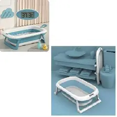 GENERICO - BAÑERA PARA BEBE PLEGABLE CON TERMOMETRO CELESTE+ ALMOHADILLA