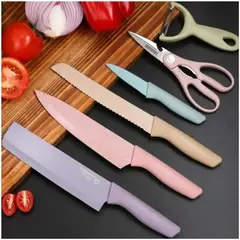 GENERICO - Set de Cuchillos de Cocina con Tijeras y Pelador MULTICOLOR 6pcs