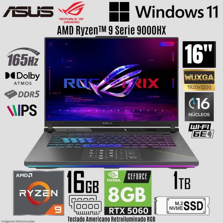 Laptop Rog Strix G16 (2025) AMD Ryzen 9 9955HX 16GB RAM 1TB SSD RTX 5060-8GB 16" WUXGA