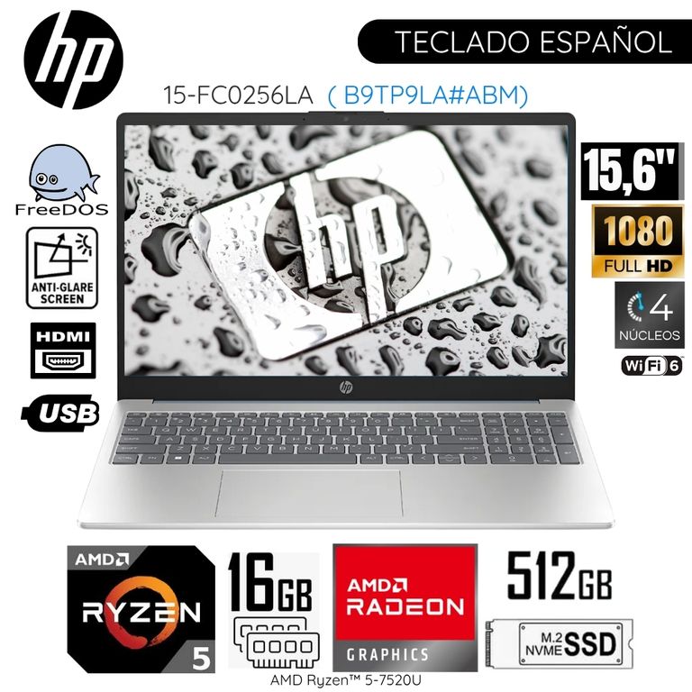 Laptop 15-FC0256LA AMD Ryzen 5 - 7520U 16GB RAM 512GB SSD 15.6" Pulg. FHD FreeDos