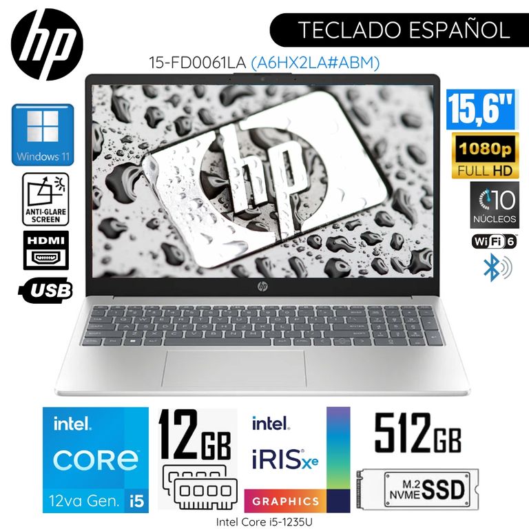 Laptop 15-FD0061LA Intel Core i5-1235U 12GB RAM 512GB SSD 15.6" Pulg. HD WIN 11- Plateado