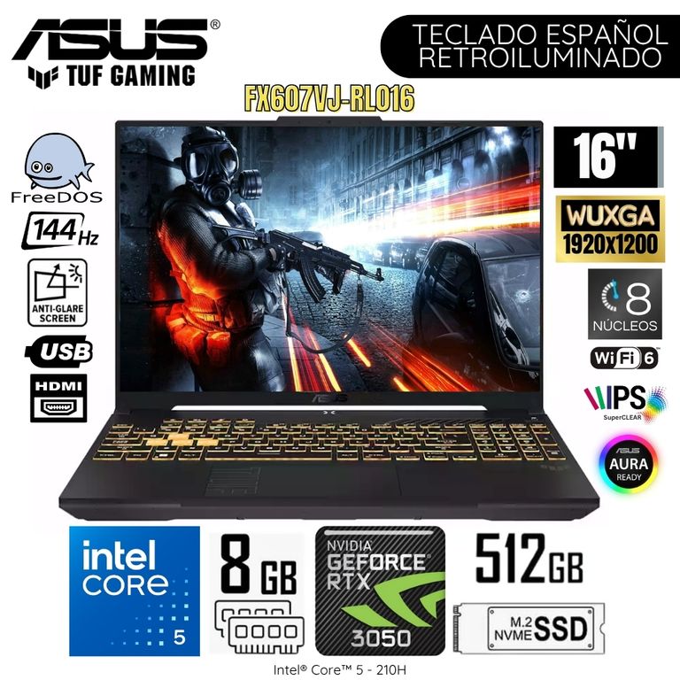 Laptop TUF Gaming FX607VJ-RL016 Intel Core 5-210H 8GB RAM 512GB SSD RTX3050-6GB 16" WUXGA -Gray