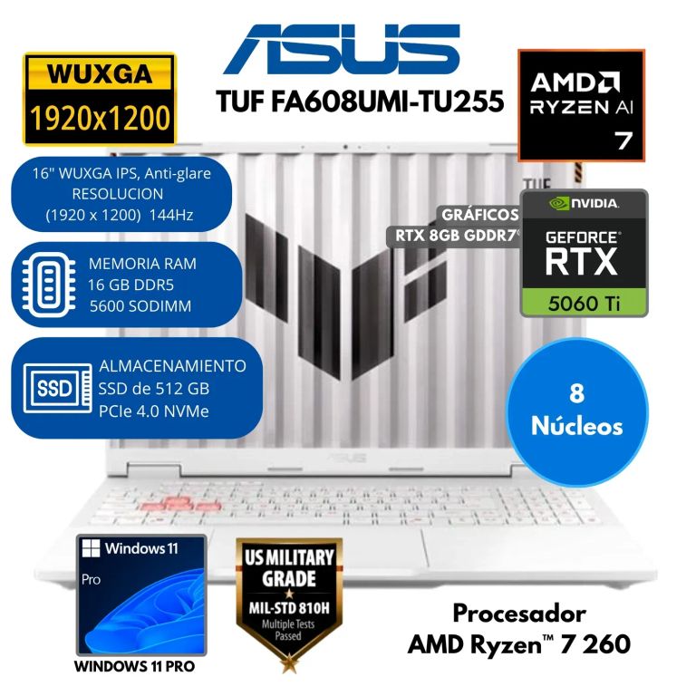 Laptop TUF Gaming AMD Ryzen 7 260 RAM 16 GB SSD 512 GB 16" WUXGA Windows 11 PRO