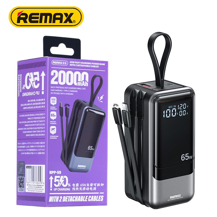 Bateria Portatil 20000 mAh PD 65W QC60W, carga rápida con 2 cables