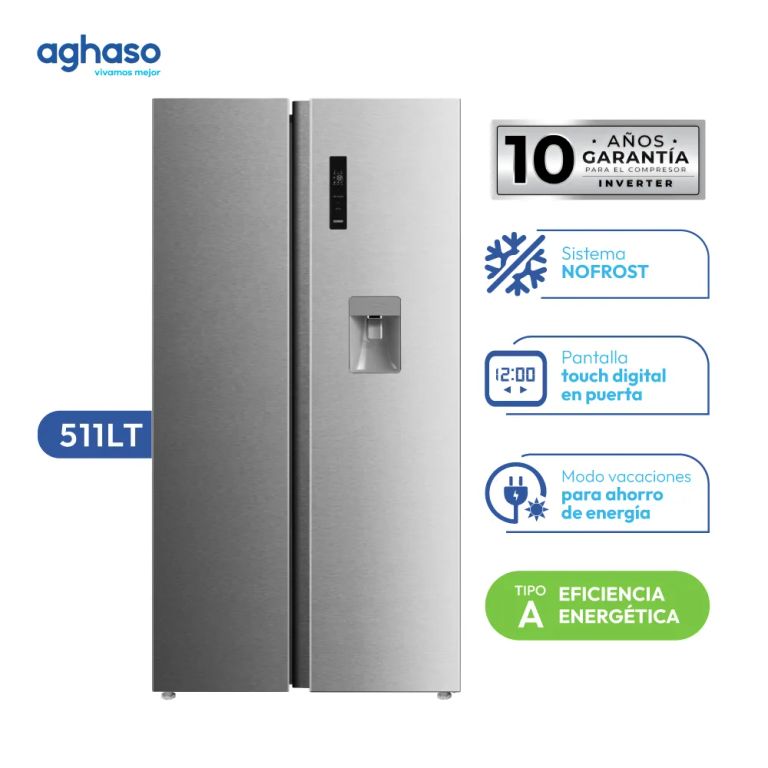 Refrigeradora Side by Side 511 L Silver Smart Inverter con Dispensador de Agua y Pantalla Digital