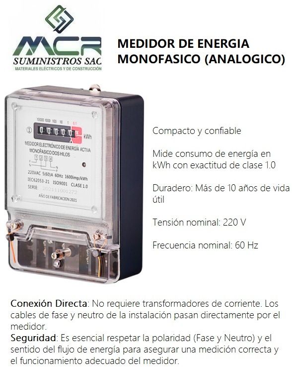 MEDIDOR DE ENERGIA ACTIVA MONOFASICO, 2 HILOS (ANALOGICO).