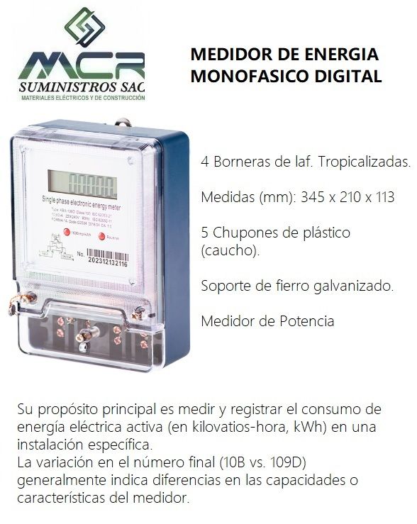 MEDIDOR DE ENERGIA ACTIVA MONOFASICO, 2 HILOS (DIGITAL).