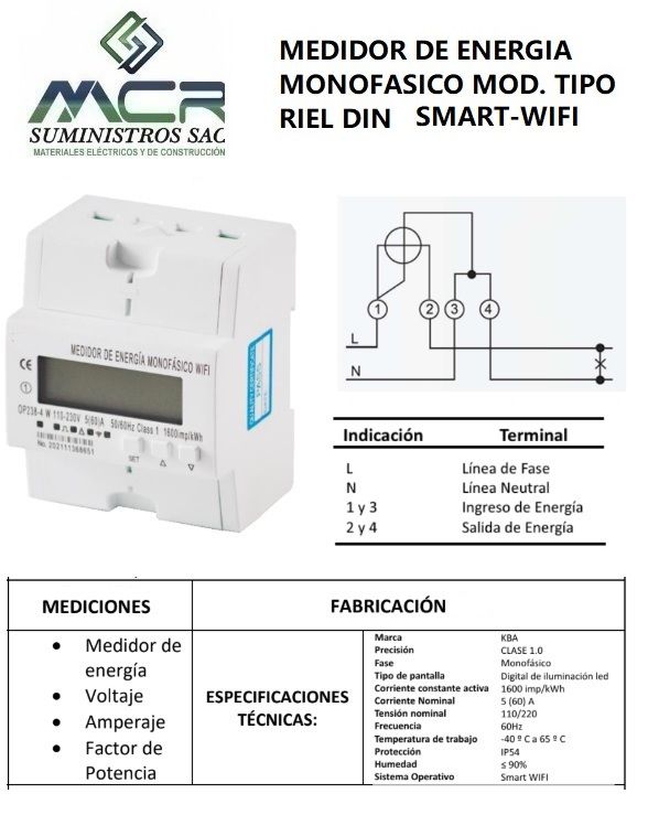MEDIDOR DE ENERGIA ACTIVA MONOFASICO MOD TIPO RIEL DIN SMART-WIFI