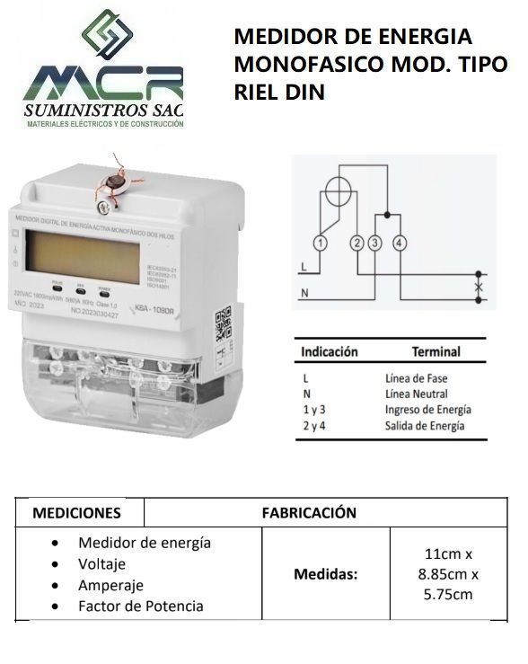 MEDIDOR DE ENERGIA ACTICA MONOFASICO MOD TIPO RIEL DIN