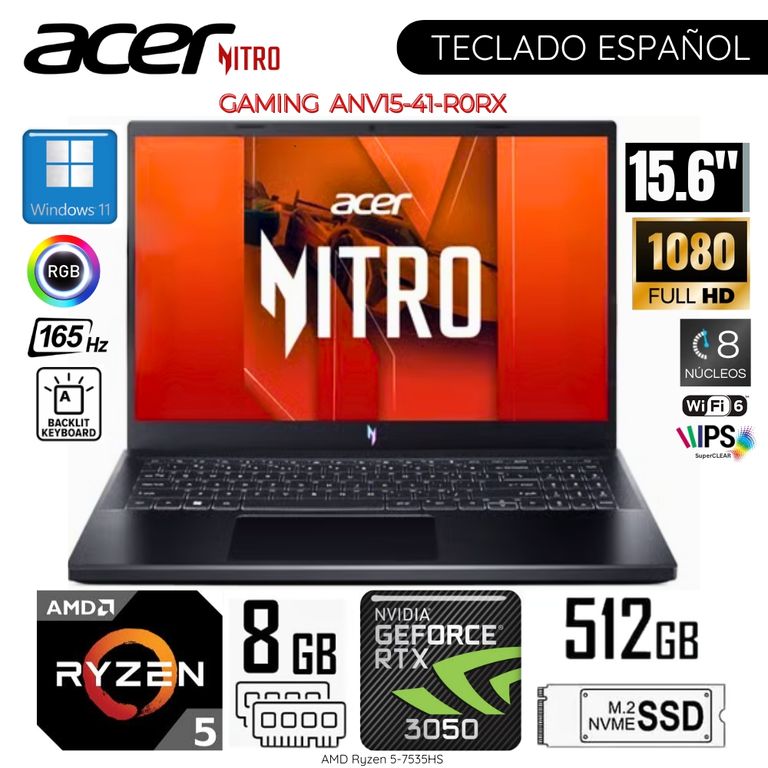 Laptop Nitro V15 ANV15-41-R0RX AMD Ryzen5-7535HS 8GB RAM 512GB SSD 15.6" FHD RTX3050-6GB WIN 11
