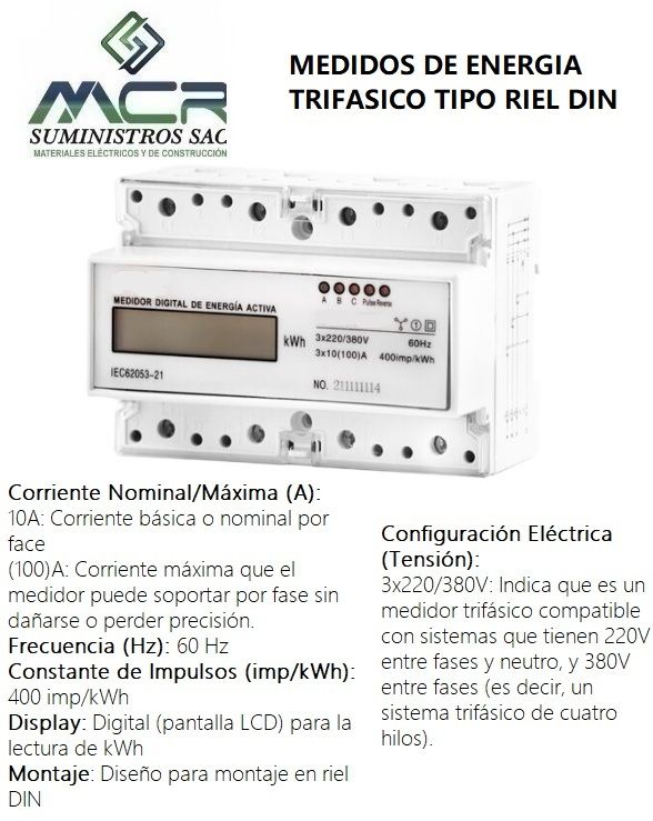 MEDIDOR DE ENERGIA ACTIVA TRIFASICO MOD TIPO RIEL DIN