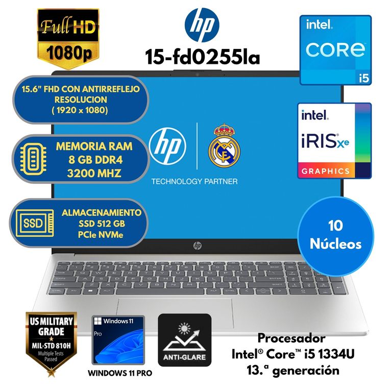 Laptop INTEL CORE i5 (15-fd0255la) RAM 8 GB SSD 512 GB 15.6" FHD CON ANTIRREFLEJO Windows 11 PRO