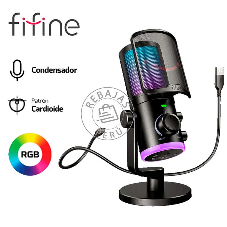 Micrófono AM6 Black USB Condensador RGB con Filtro y Mute
