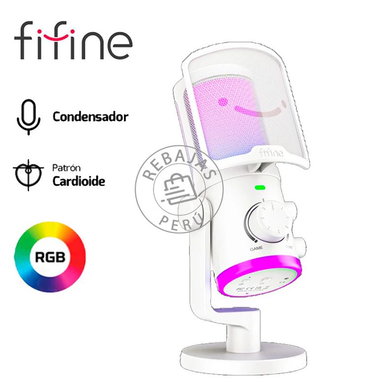 Micrófono AM6 White USB Condensador RGB Filtro Antipop Mute