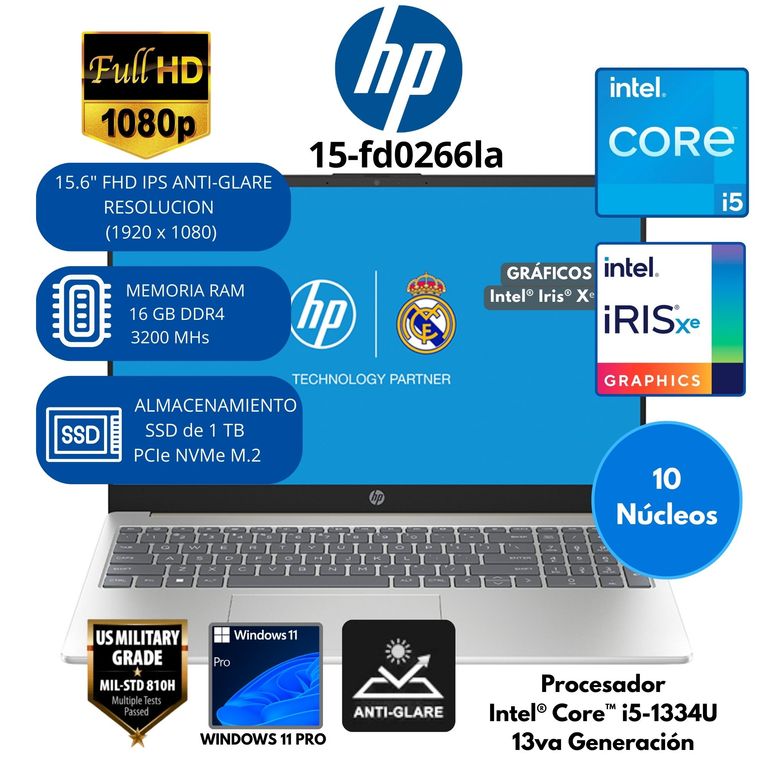 Laptop INTEL CORE i5 (15-fd0266la )RAM 16 GB SSD 1 TB 15.6" FHD CON ANTIRREFLEJO Windows 11 PRO