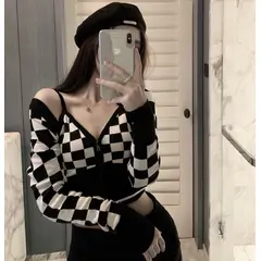 GENERICO - Top corto Hilo Talla S a caudros Negro Blanco