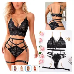 GENERICO - Set de Lencería con Liguero y Sujetador de Encaje