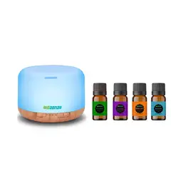 GENERICO - Aromatizador Difusor De Aromas 7 Colores - 818 Claro + Pack 4 Aceite Esencial De Menta, Eucalipto, Lavanda Y Naranja Biozenze