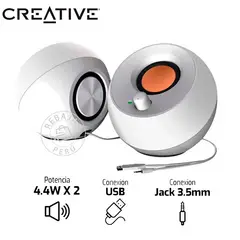 CREATIVE - Parlantes Pebble 2.0 4.4W USB y 3.5mm, Diseño Compacto Blanco