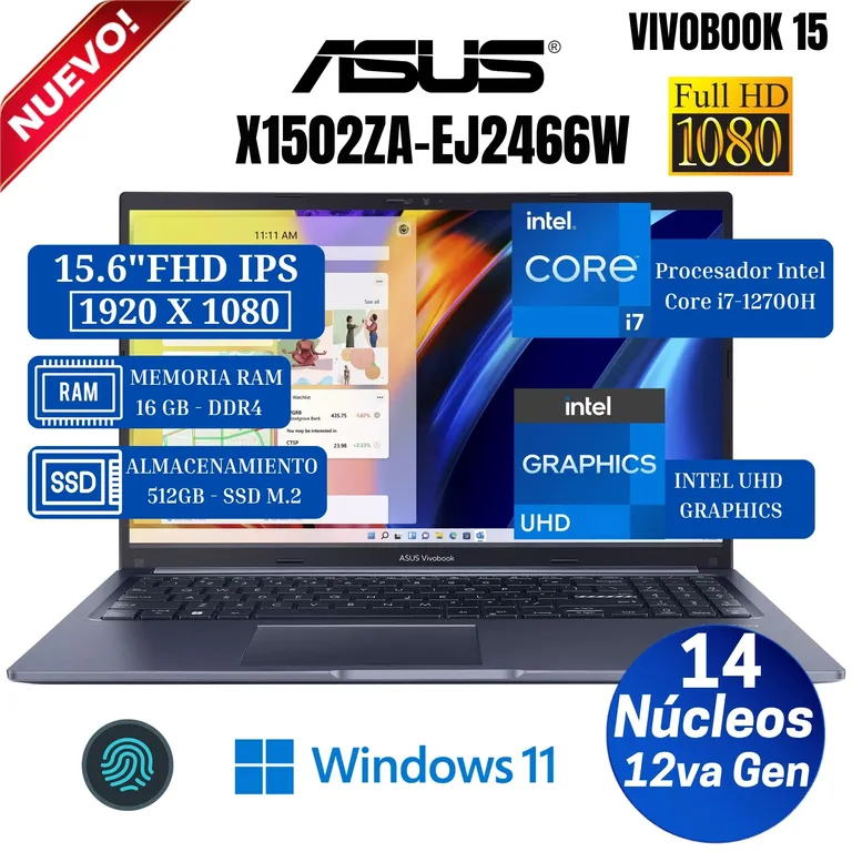 Laptop Vivobook X1502ZA-EJ2466W 15.6” FHD, Core i7-12700H, Ram 16GB, Ssd 512 GB, Win 11
