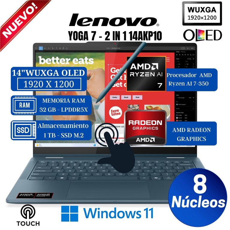 Laptop Yoga 7 2-in-1 14AKP10 14” OLED, Táctil, Ryzen AI 7-350, Ram 32GB, Ssd 1TB, Win 11 Pro
