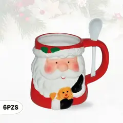 ICHIMATSU - Taza Navideña de Loza diseño Papa Noel con cuchara 440 ml X(6Unid.)