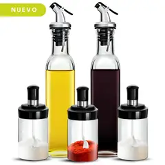 GENERICO - DISPENSADOR DE ACEITE MAS CONDIMENTEROS ESPECIEROS VIDRIO 5 PIEZAS