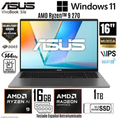 ASUS - Laptop Vivobook S16 M3607HA-RP066 AMD Ryzen 9 270 16GB DDR5 RAM 1TB SSD 16" WUXGA Win 11