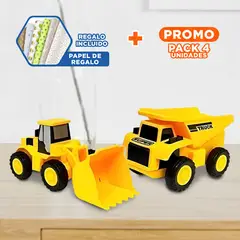GENERICO - Pack4 Set de 4 Vehiculos para Obras Kid Y+Papel de Regalo