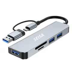 SEISA - Hub Adaptador 5 en 1 USB C con 3 Puertos USB 3.0 y Lector SD/TF
