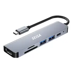 SEISA - Adaptador 6 en 1 Tipo C a HDMI 4K con USB, SD, TF y Carga Rápida