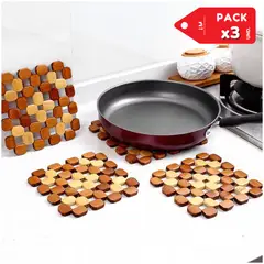 INSPIRA MARKET - Soporte de Bambú Resistente Para Vajilla Olla Sarten Pack x3