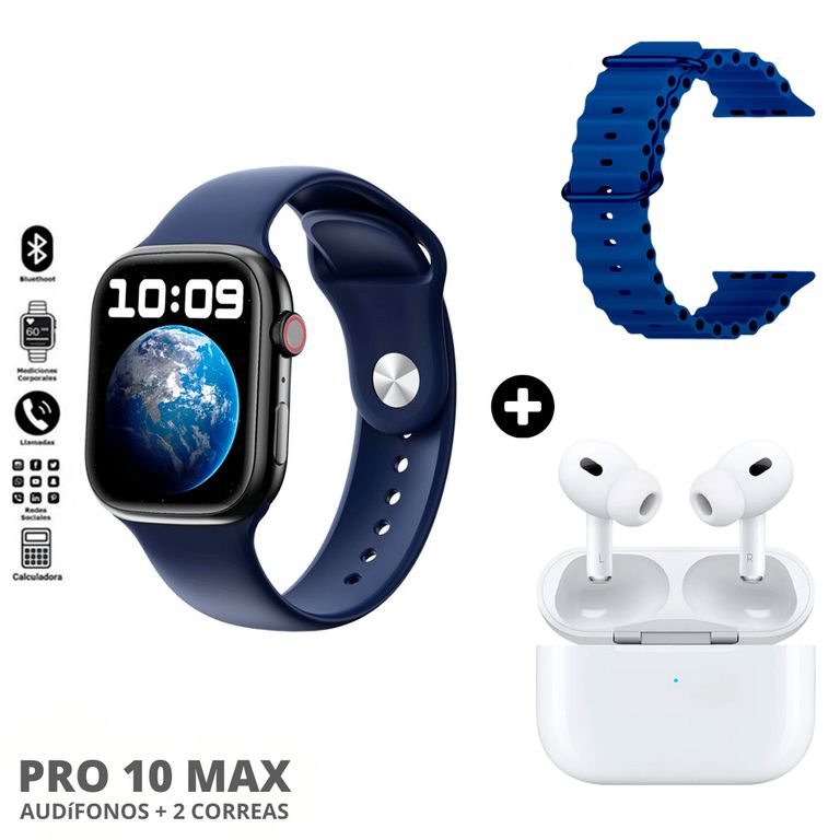 Reloj Ingeligente Pro 10 Max Set Azul + Correa adicional + Adífonos