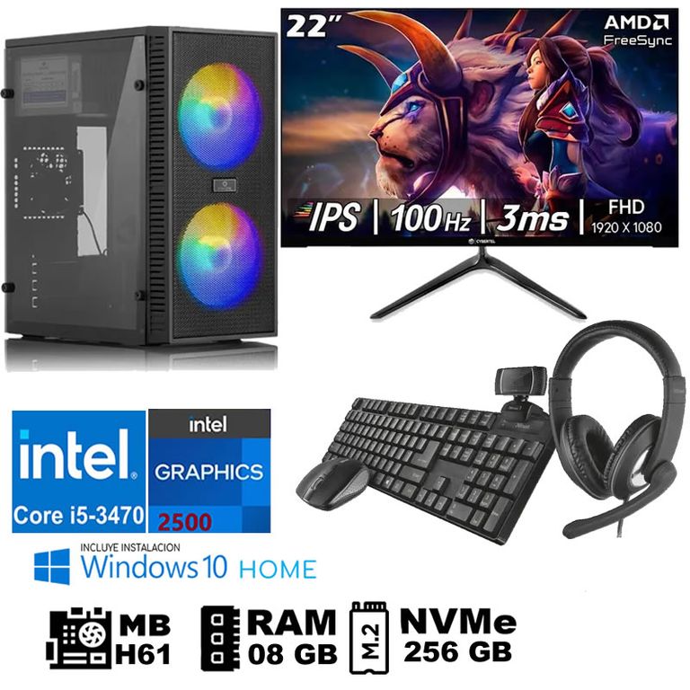 Computadora Pc Intel Core i5 3470 Monitor 22 fhd' RAM 08 GB SSD256 GB WEB CAM