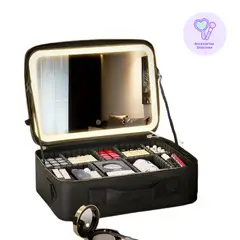 GENERICO - Organizador Neceser Glam con Divisiones + Espejo LED Recargable Maquillaje Pro Regalo Ideal