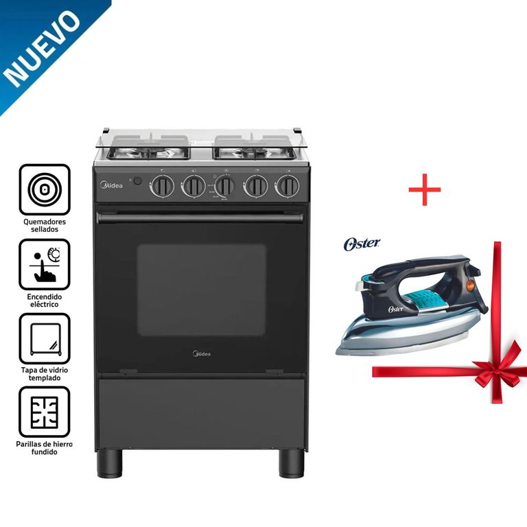 COCINA DE PIE MGS24FS2LFABBC-PE 4 HORNILLAS NEGRO + PLANCHA OSTER