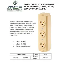 GENERICO - TOMACORRIENTE DE SOB MOD UNIV, 3 SER, 20 AMP, L/T MARFIL.