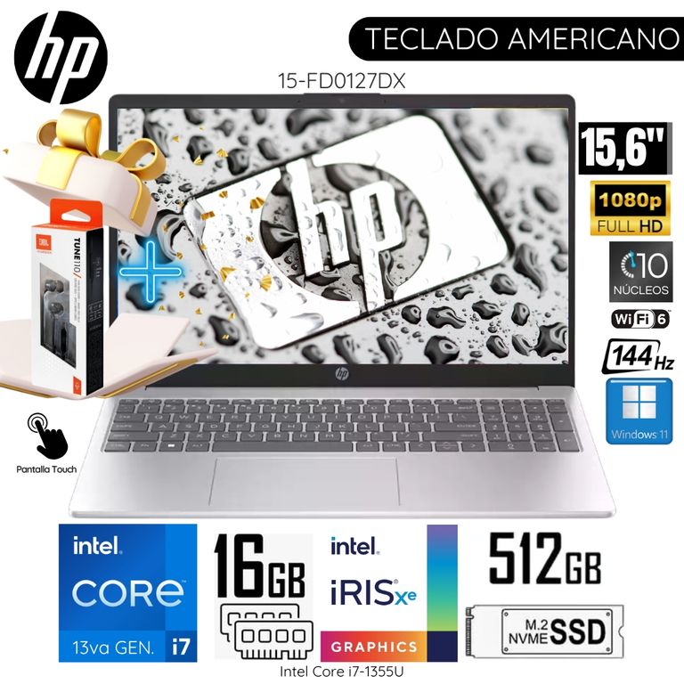 Laptop 15-FD0127DX Intel Core i7-1355U 16GB RAM 512GB SSD 15.6" FHD 144HZ Touch Screen +Audifonos