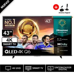 HISENSE - TELEVISOR QLED SMART TV 4K ULTRA HD 43 43Q6QV + Antena Digital