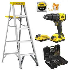 STANLEY - ESCALERA 4 PELDAÑOS, TALADRO PERCUTOR INALAMBRICO, BROCAS 100 Pzas
