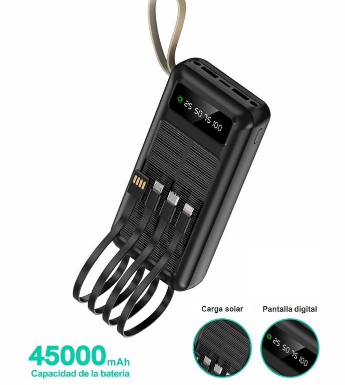 Bateria portatil solar power bank de 45,000 mAh - Multiples salidas.