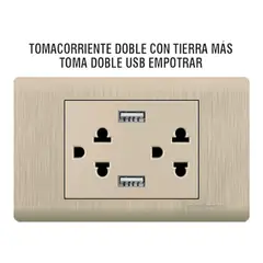 GENERICO - Tomacorriente Doble con Tierra y Doble Toma USB Empotrable - Dorado
