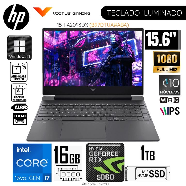 Laptop Victus 15-FA2093DX Intel Corei7-13620H 16GB RAM 1TB SSD 15.6" Pulg. FHD RTX5060-8GB WIN11