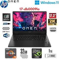 HP - Laptop OMEN 17-DB0009LA 17.3" QHD AMD Ryzen 9 8945HS 32GB 1TB SSD RTX 4060 con 8GB W11 Home