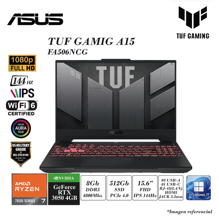 LAPTOP TUF A15 GAMING FA506N RYZEN 7-7445HS 8GB DDR5 512SSD 4GB RTX3050 15.6 FHD 144HZ W11