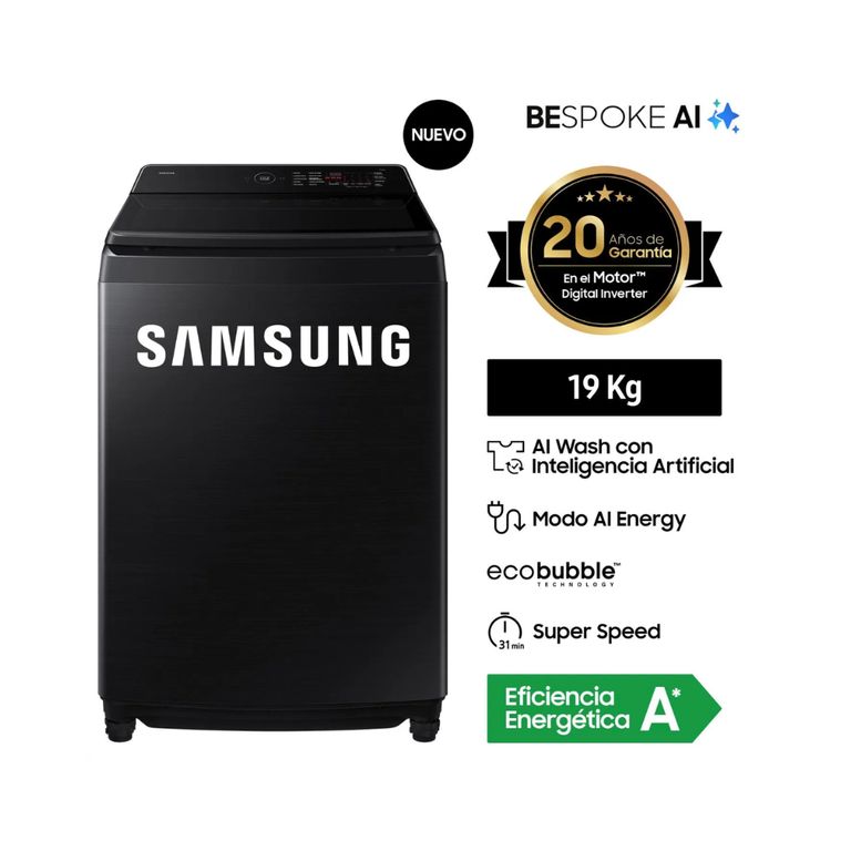 LAVADORA 19KG WA80F19S8B AI WASH ECOBUBBLE™ NEGRA