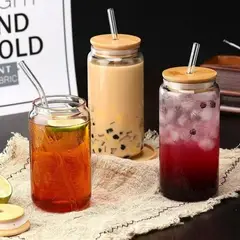 GENERICO - VASO DE BOROSILICATO CON TAPA DE BAMBÚ Y SORBETE