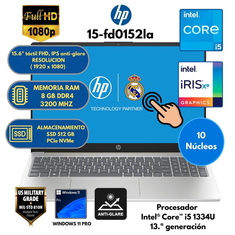 Laptop Intel Core i5 (15-fd0152la) RAM 8GB SSD 512 GB 15.6" FHD táctil Windows 11