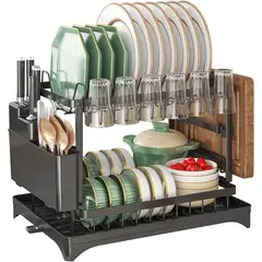 GENERICO - Escurridor de platos de doble capa con drenaje automático Negro